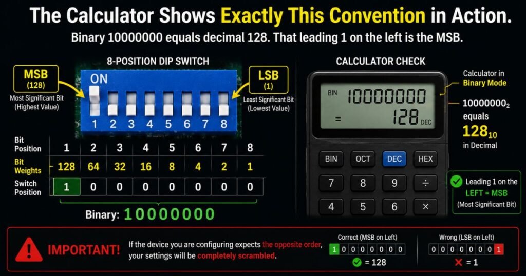 MSB vs LSB in DIP Switches: Which End Is Which? 2 Binary 10000000 equals decimal 128. That leading 1 on the left is the MSB.